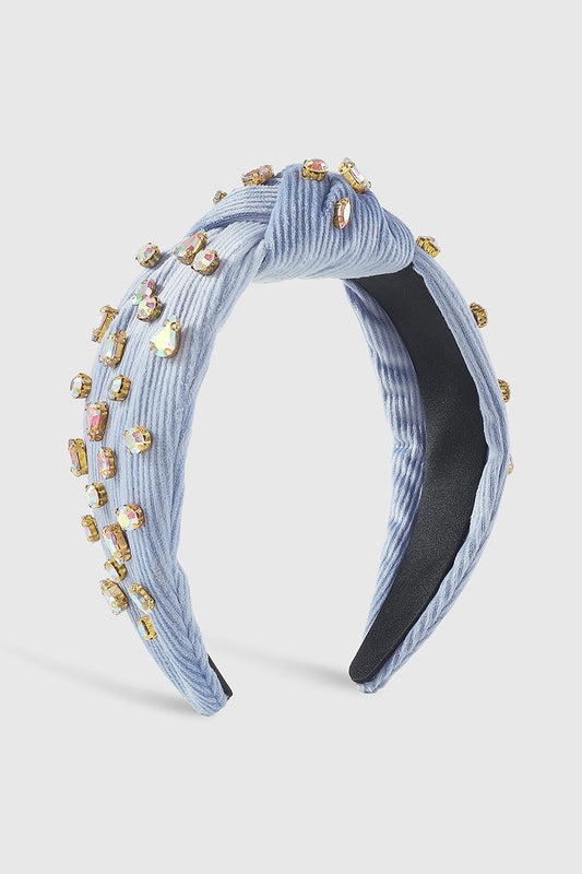 Corduroy Rhinestone Topknot Headband - Blue