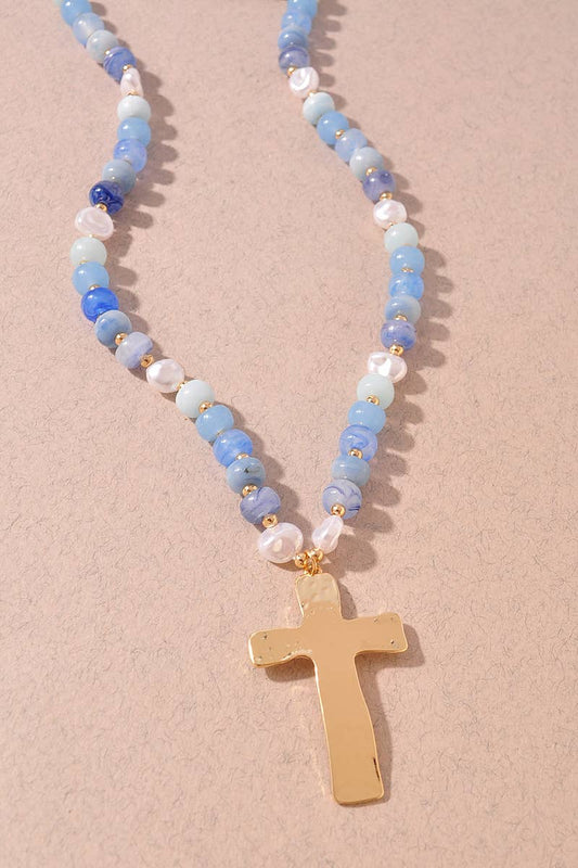 Multi Color Beaded Necklace with Cross Pendant - Blue