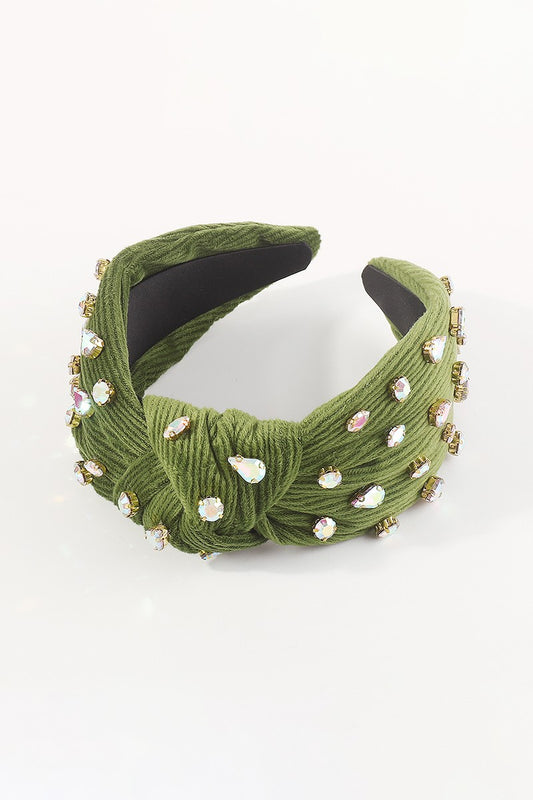 Corduroy Rhinestone Topknot Headband - Green