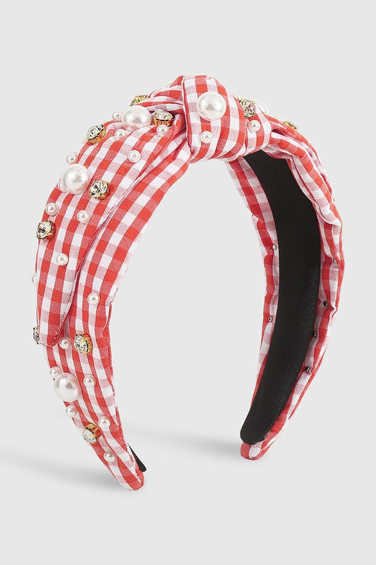 Checkered Pearl Bow Red Headband