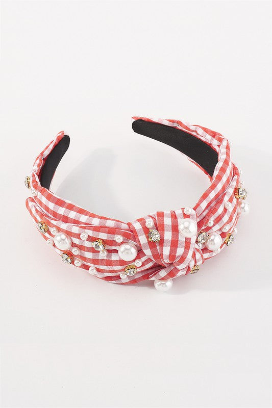 Checkered Pearl Bow Red Headband